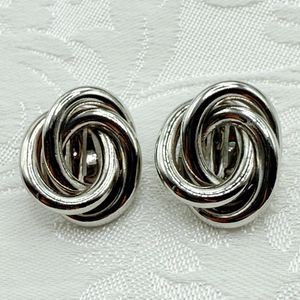 Vintage Signed Gay Boyer Silver Tone Chunky Knot Clip-On Earrings